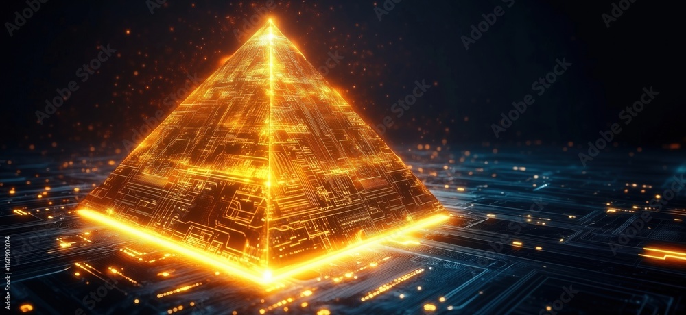 Poster glowing digital pyramid with circuit patterns and light effects, futuristic technology concept, copy