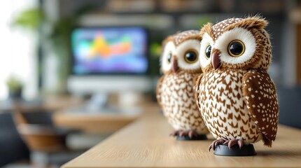 Obraz premium Modern Owl Sculptures on Desk, Gazing at Computer Screen with Graphs in Contemporary Office