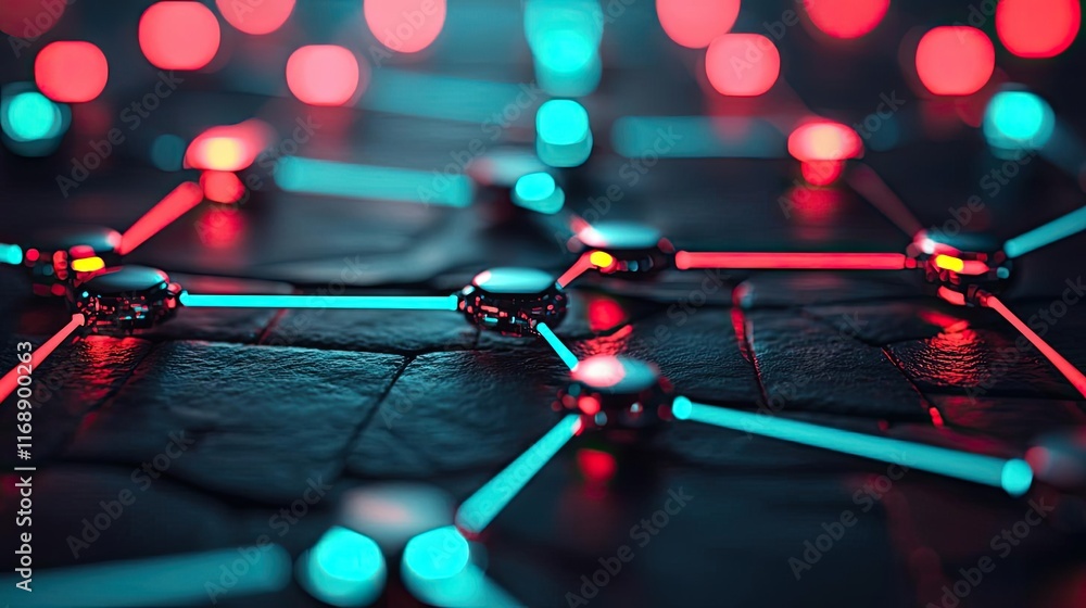 Poster grid abstract background idea. a close-up of interconnected nodes with vibrant blue and red lights o
