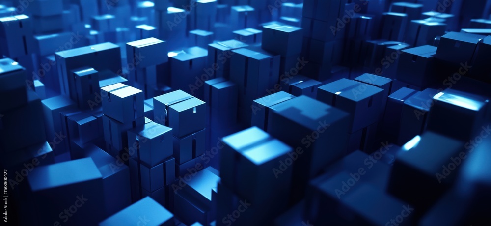 Poster abstract blue geometric shapes creating a futuristic cityscape with illuminated cubes and depth, sho