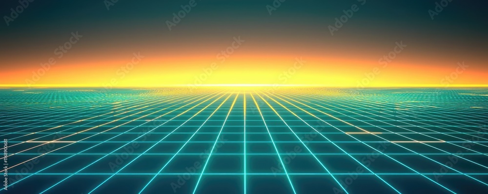 Poster grid abstract background idea. a vibrant digital landscape with a grid pattern and a colorful horizo