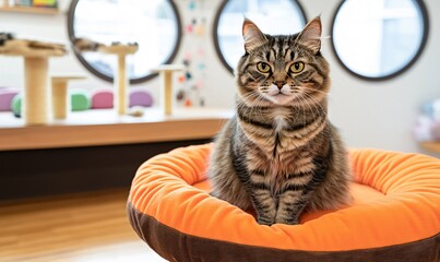 Pet care and training. Feline lounging comfortably in a vibrant cat bed, surrounded by playful decor.
