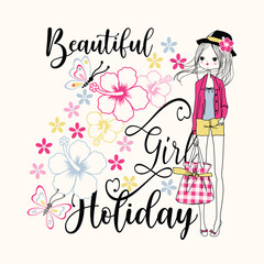 Beautiful girl vector in attractive fashion style surrounded by flowers and butterflies in a vibrant background
