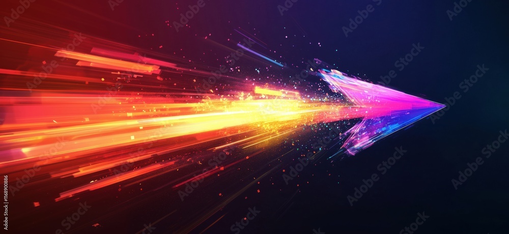 Poster dynamic arrow symbolizing speed and direction with vibrant colors and light trails, representing mot