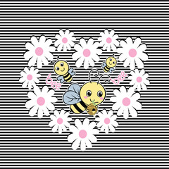 Adorable bee vector illustration enjoying honey surrounded by beautiful flower decorations.