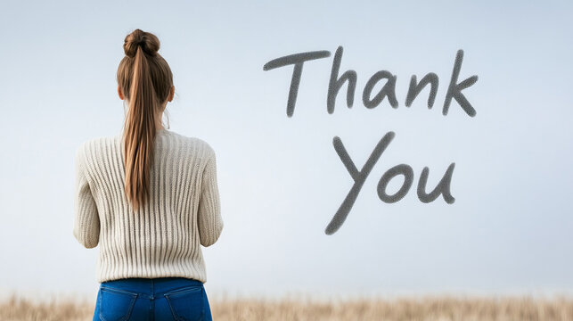 A person in a sweater captures skywriting that spells out 'Thank You' in a clear afternoon sky