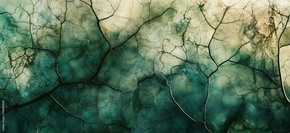 Poster abstract textured background with intricate cracks and patterns in shades of green and beige, resemb