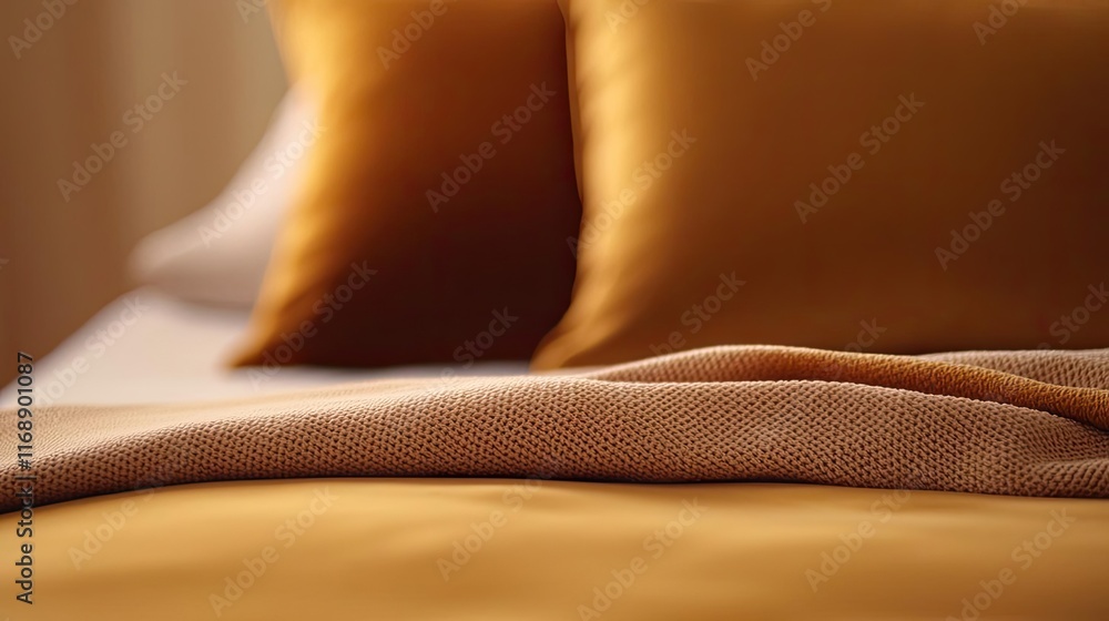 Poster velvet abstract background idea. cozy bedding set with soft pillows and warm blankets in calming gol