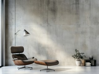 Modern Lounge Chair and Ottoman Against Concrete Wall