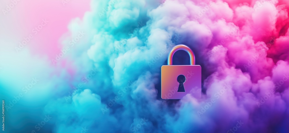 Poster colorful cloud background with a padlock symbolizing security and privacy in digital environments, c