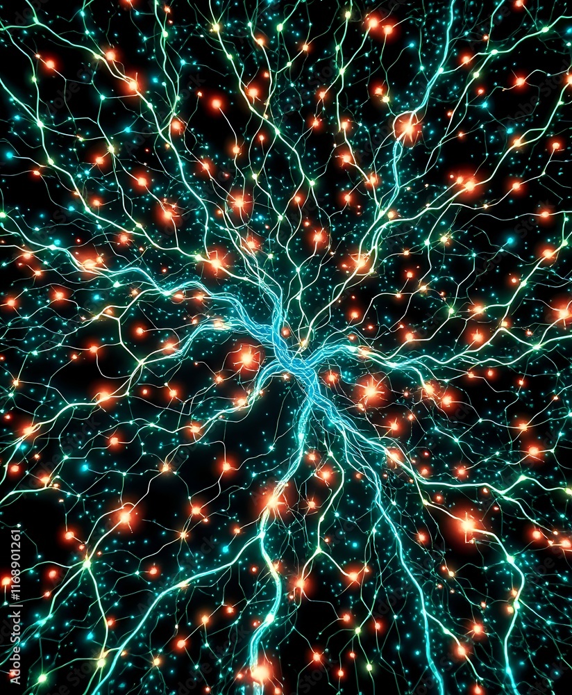 Poster stellar night sky with bioluminescent neural network - abstract data visualization