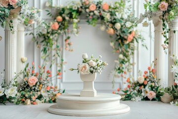 Naklejka premium Pink and white flowers decoration pillars wall design wallpaper with white stone podium
