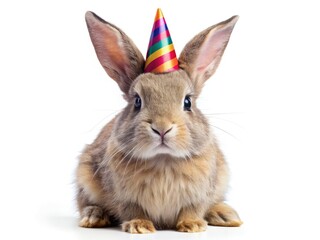 Celebrate with this cute, printable bunny clipart! High-resolution image with party hat, isolated background.