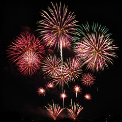 Create a vibrant and dynamic image of a fireworks display against a dark night sky. The fireworks should burst in various directions, featuring bright colors and sparkles, with trails of light and smo