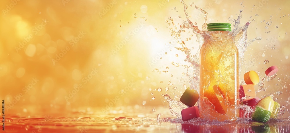 Poster splashing juice bottle with colorful fruit-shaped ice cubes creating dynamic water splash against go