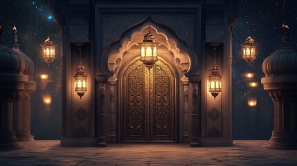 Islamic ramadan greetings background design with ornamental door galaxy sky