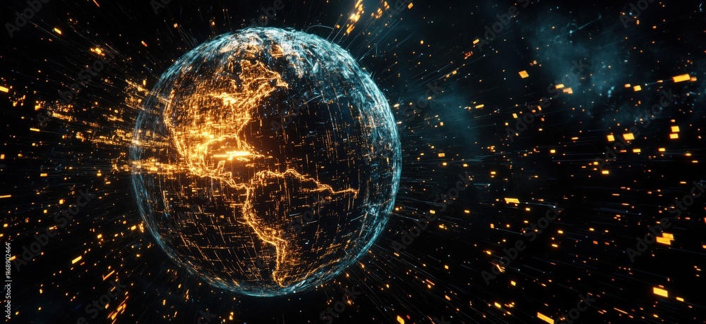 Poster glowing earth with digital network connections and data streams representing global connectivity and