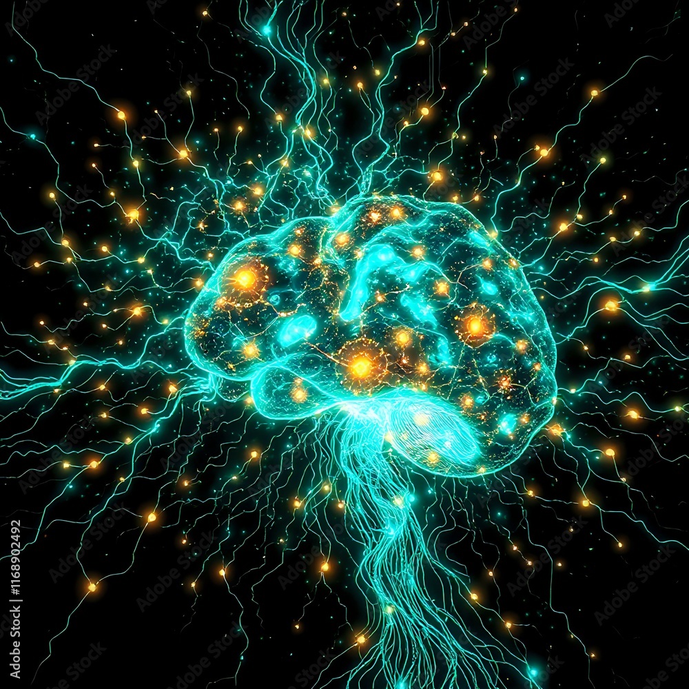 Aufkleber cybernetic brain network: bioluminescent data visualization