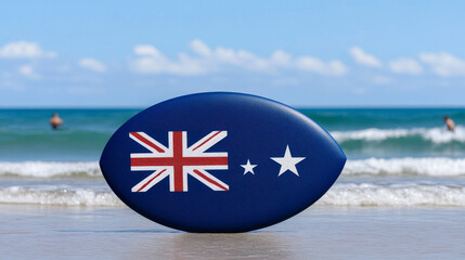 Surfboard adorned with Australian flag set against surfers and waves in sunny beach setting