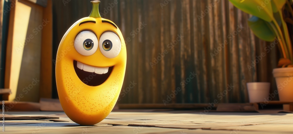 Poster smiling cartoon mango character with big eyes and cheerful expression in a rustic setting, showcasin