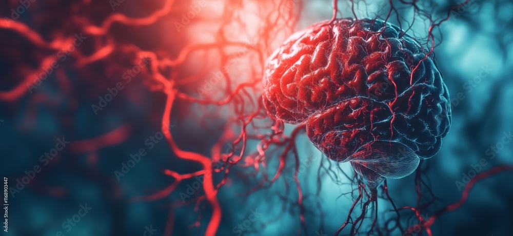 Poster human brain surrounded by intricate neural networks and blood vessels, showcasing the complexity of 