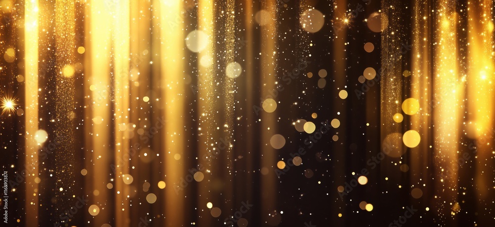 Poster Golden shimmering lights and sparkling bokeh background creating a festive and luxurious atmosphere, copy space for text