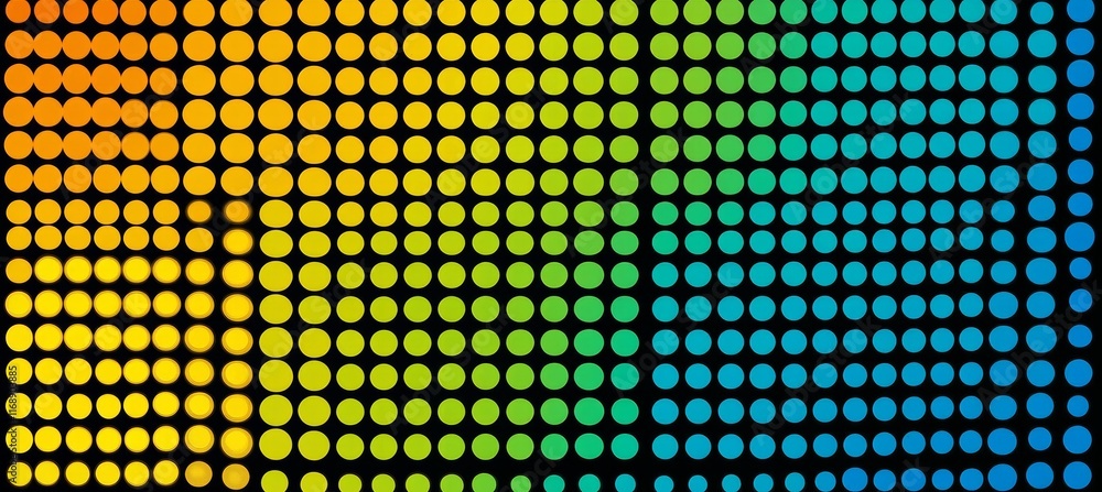 Poster rainbow gradient of colorful dots on black background, abstract digital design element