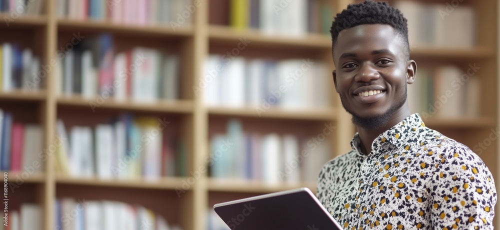 Poster smiling young man holding tablet in library surrounded by books, showcasing modern learning and tech