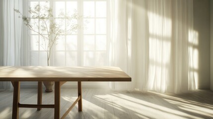 Fototapeta premium Bright, serene interior with a table and plant.