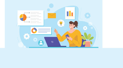 A detailed infographic illustration representing data analysis and business presentations, with vibrant graphs, pie charts, and strategic visuals.