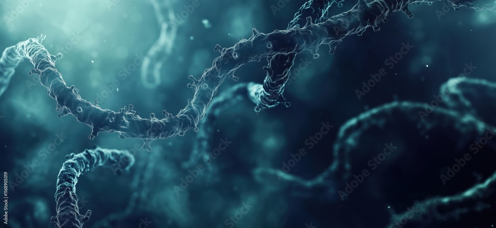 Poster microscopic view of intricate bacterial structures showcasing filamentous forms and textures in a da