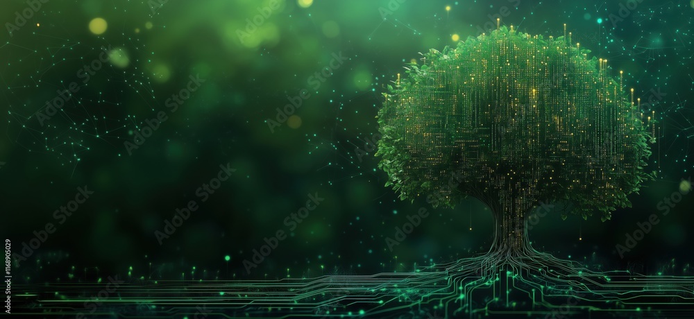  digital tree symbolizing technology and nature integration, featuring glowing circuits and binary co