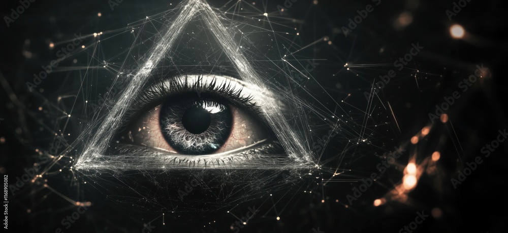 Poster mystical eye within geometric triangle, surrounded by digital connections and light patterns, symbol