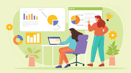An advanced illustration depicting digital business growth strategies, with analytics dashboards, reports, and key performance metrics.