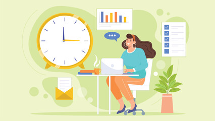 A clean and efficient design emphasizing effective time management techniques, with clocks, task lists, and productivity tools.