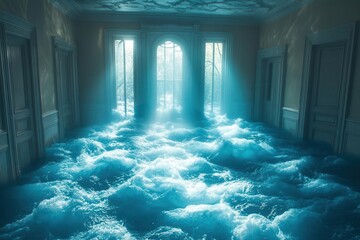 a house submerged underwater its rooms filled with swirling blue water light filters through the surface creating an eerie yet captivating atmosphere that reflects the impact of natures forces