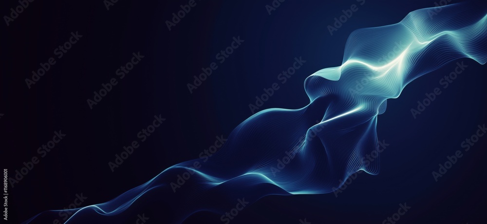 Poster abstract flowing wave design with luminous blue lines and dark background, representing digital tech