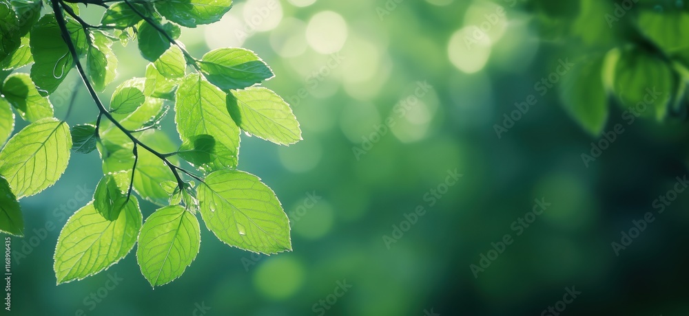 Poster lush green leaves with dew drops glimmering in soft natural light, creating a serene and refreshing 