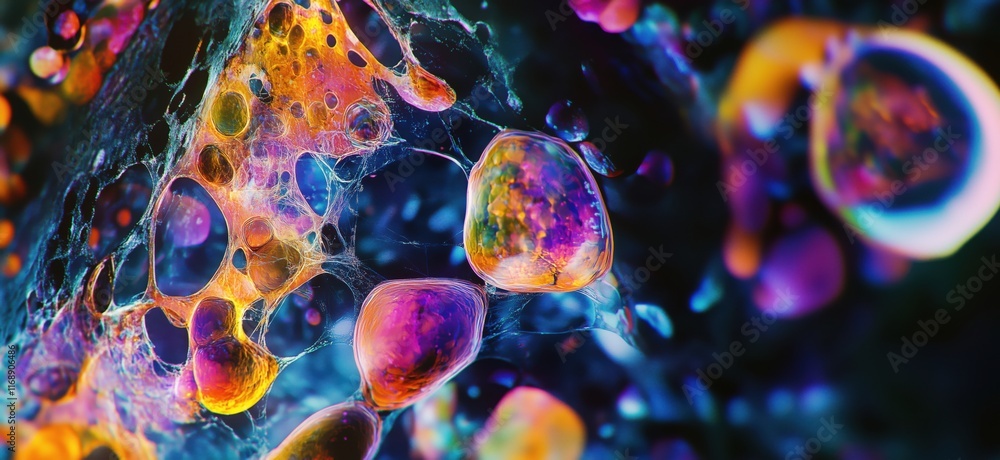 Poster colorful abstract bubbles and textures in vibrant hues, showcasing intricate patterns and reflection