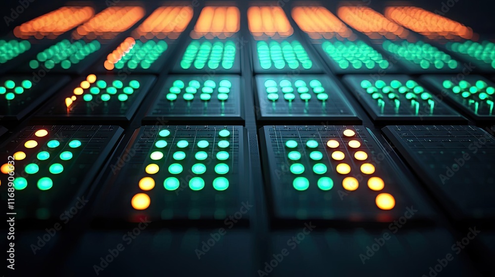 Poster grid abstract background idea. colorful led display with vibrant green and orange lights in a modern