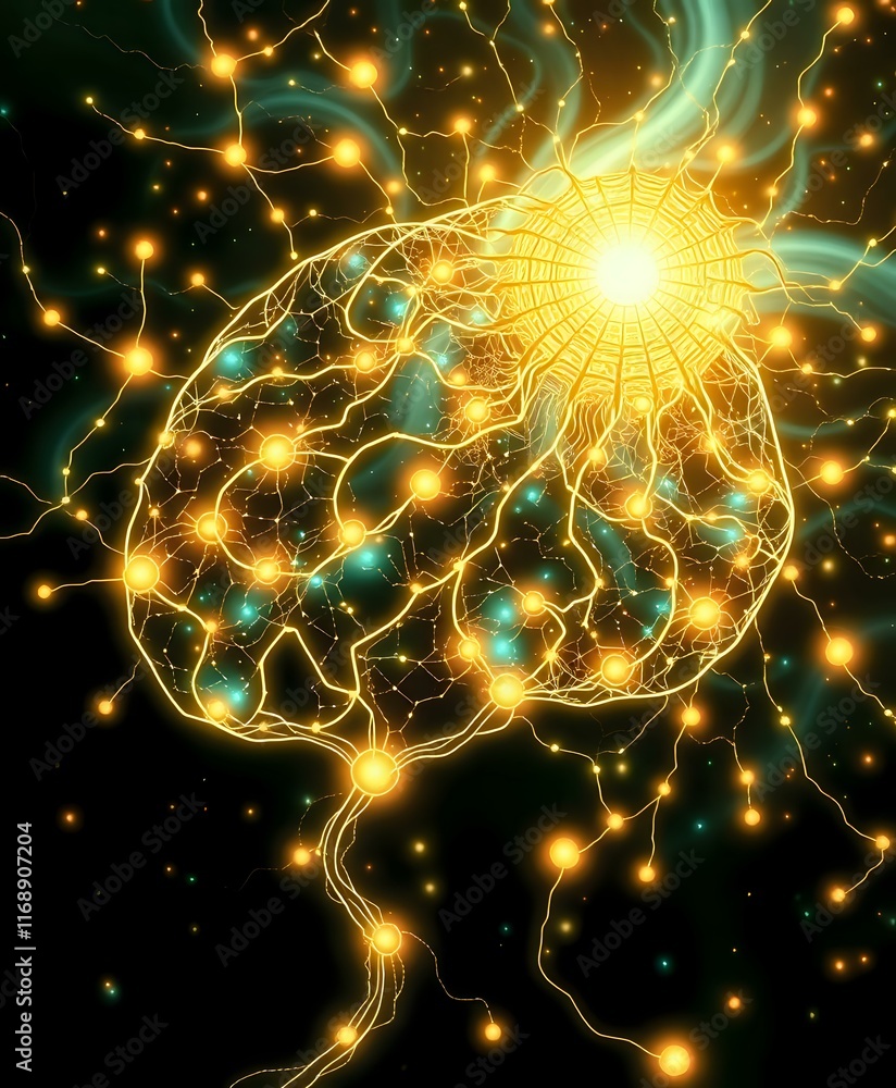 Poster dynamic neural network brainwave activity bioluminescent art nouveau stock image