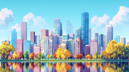 Naklejka premium A vibrant city skyline with colorful buildings and lush trees reflecting in calm water under a bright blue sky.