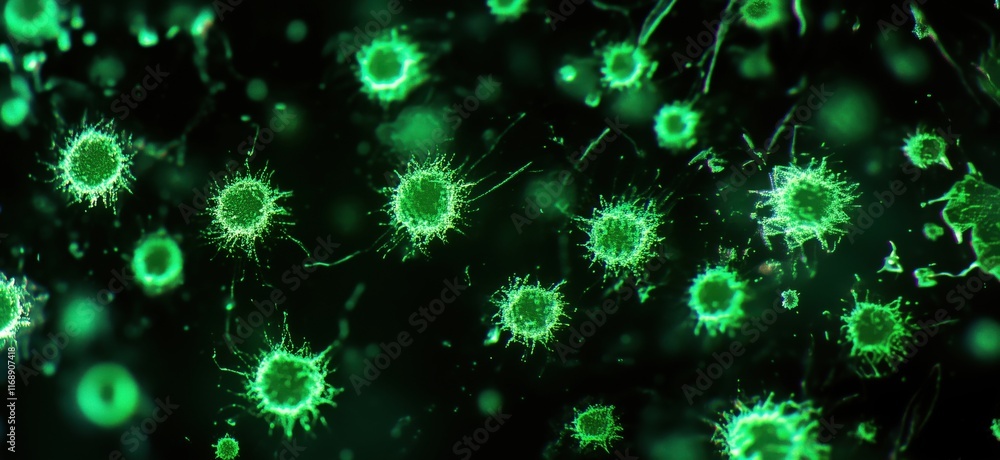Aufkleber microscopic view of glowing green microorganisms showcasing cellular structures and intricate detail