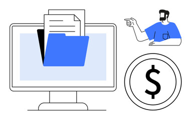 Computer monitor with documents and a folder, a figure pointing, and a dollar sign circle. Ideal for file management, digital data, finance, productivity, teamwork, business transactions online