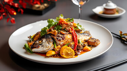 Fototapeta premium Exquisite grilled fish dish fine dining restaurant culinary art elegant setting gourmet experience
