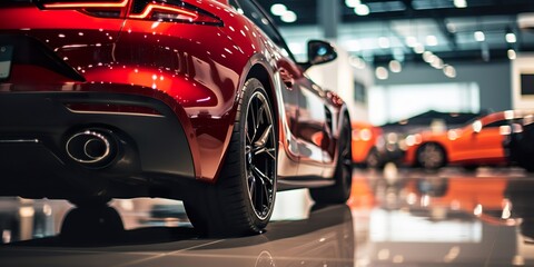 Fototapeta premium Close-up of rearview car parked in a luxury showroom. Car dealership office. New vehicle parked in a modern showroom. Car for sale and rent business concept. Automobile leasing and insurance concept.