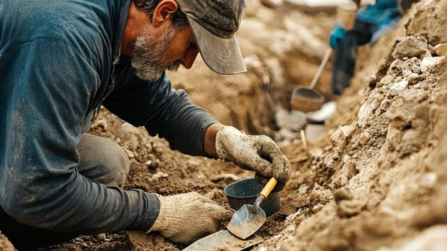 A man is digging in the dirt with a metal tool