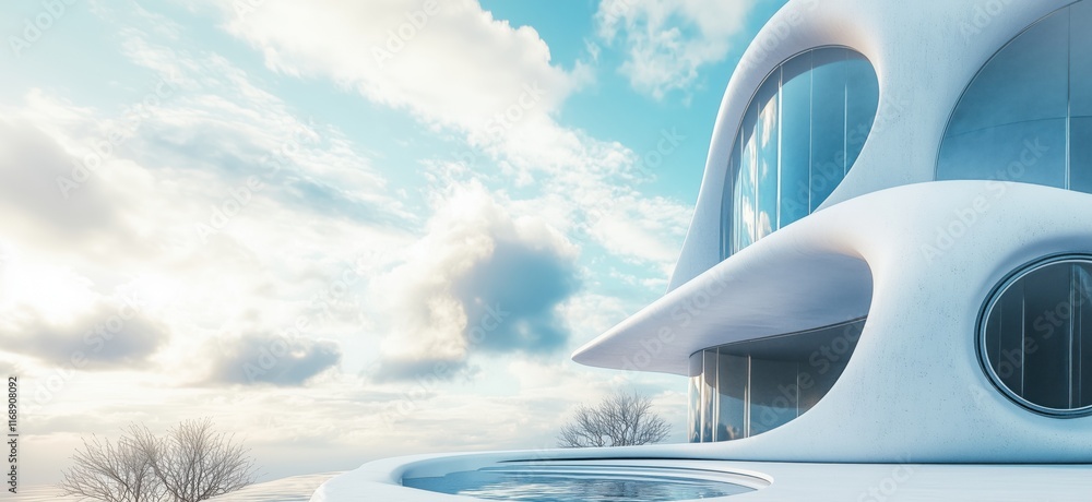 Poster futuristic architectural design featuring smooth curves, large windows, and a serene pool under a cl