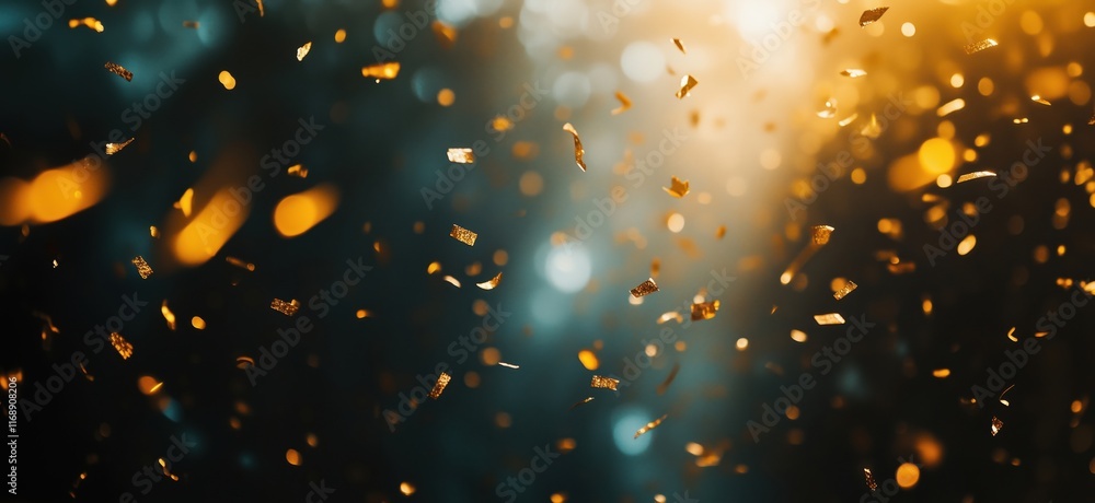 Poster golden confetti particles floating in soft light, creating a magical atmosphere with blurred backgro