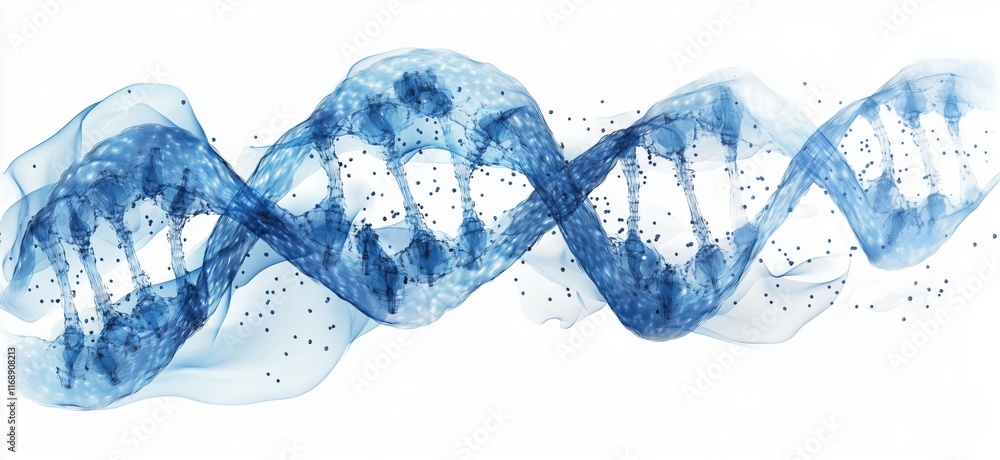 Poster dna double helix structure visualization with flowing blue waves and particles representing genetic 